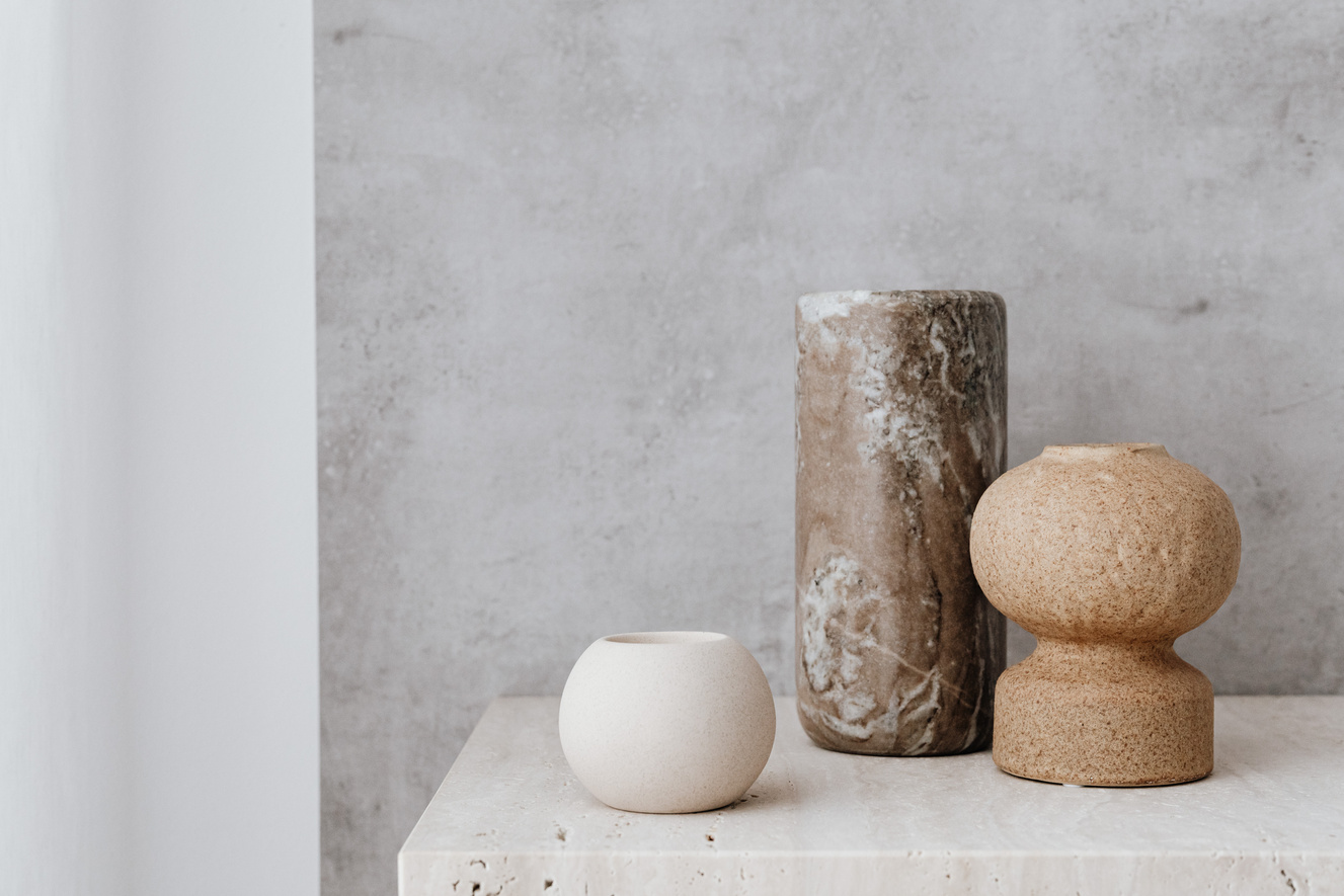 Still Life with Beige Vases on Gray Background